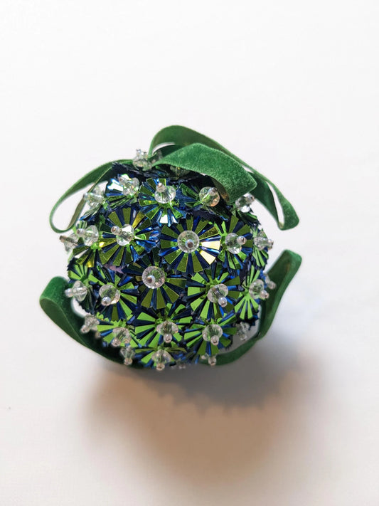 Vintage Blue & Green Beaded Pushpin Christmas Ornament