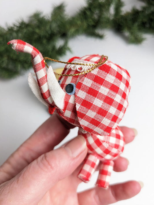 Vintage Red & White Gingham Elephant & Drum Christmas Ornaments