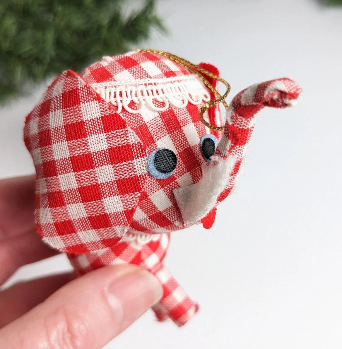 Vintage Red & White Gingham Elephant & Drum Christmas Ornaments