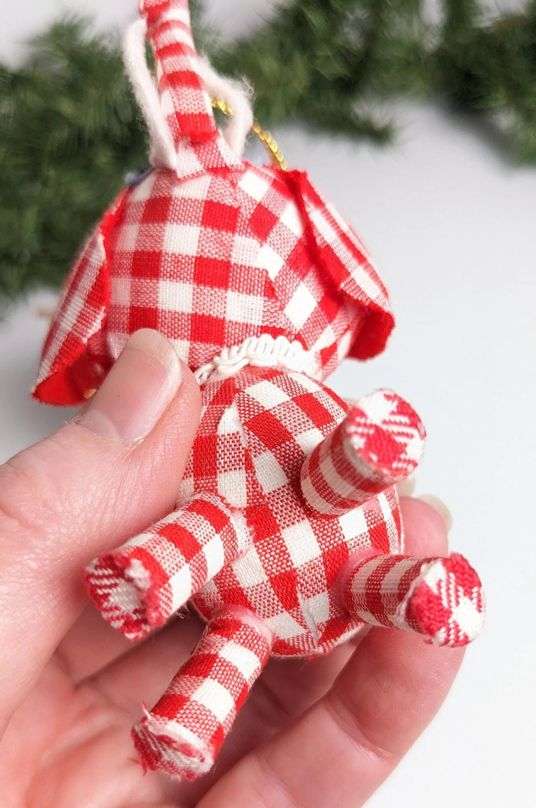 Vintage Red & White Gingham Elephant & Drum Christmas Ornaments