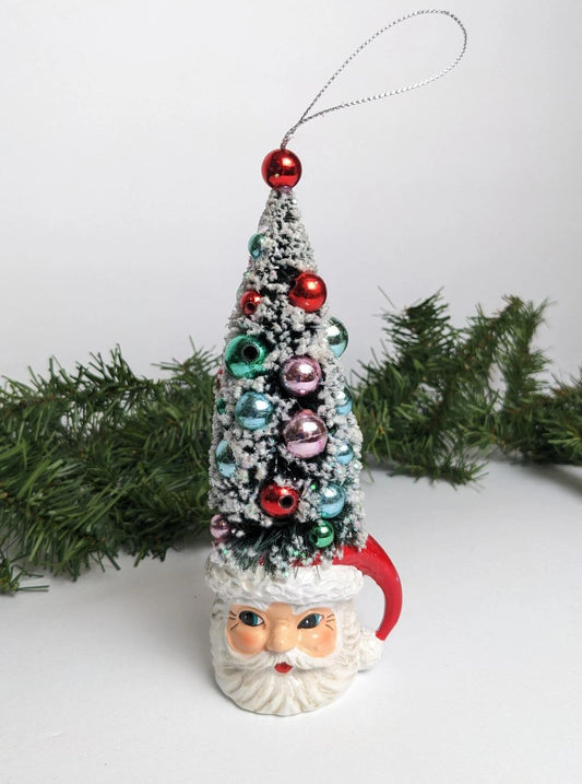 Santa Head Mug with Bottlebrush Christmas Tree Ornament