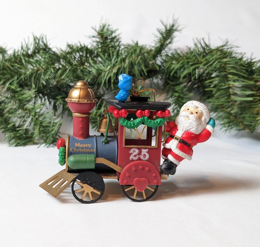 Vintage Lustre Fame Santa Riding Train Christmas Ornament