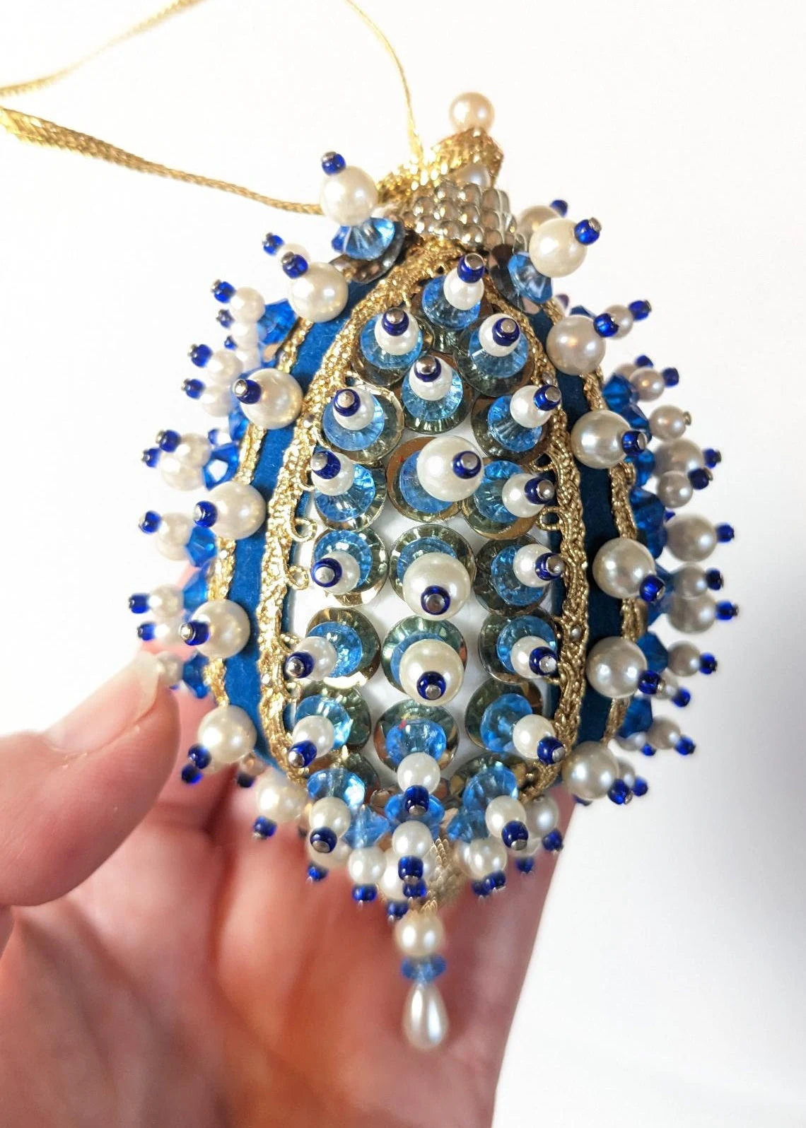 Vintage Blue Beaded Pushpin Christmas Ornament