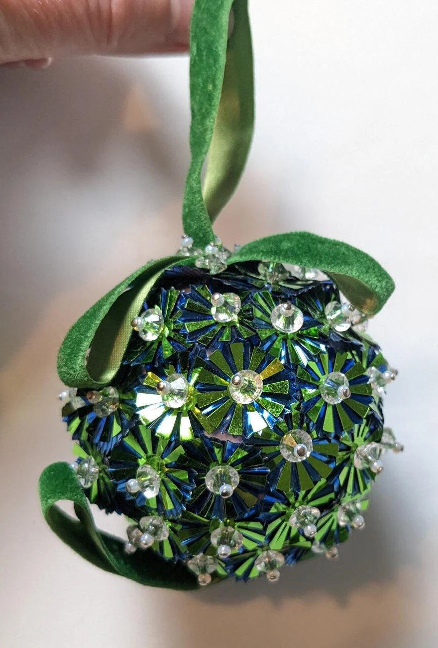 Vintage Blue & Green Beaded Pushpin Christmas Ornament
