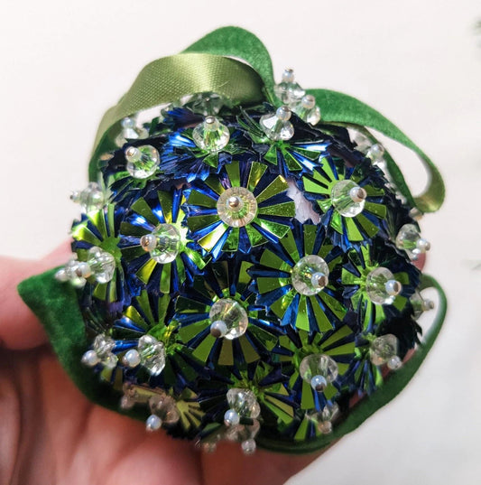 Vintage Blue & Green Beaded Pushpin Christmas Ornament