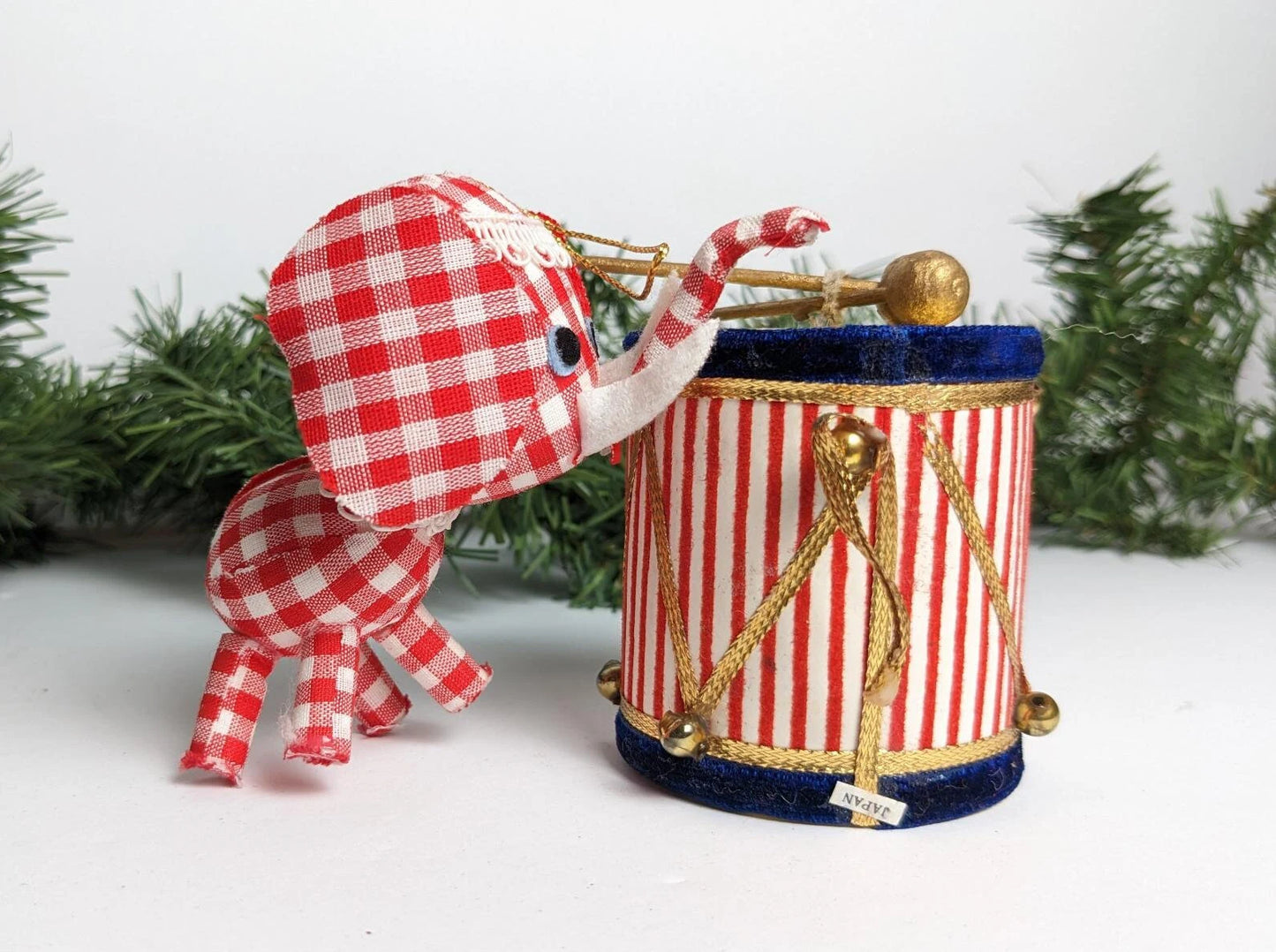 Vintage Red & White Gingham Elephant & Drum Christmas Ornaments