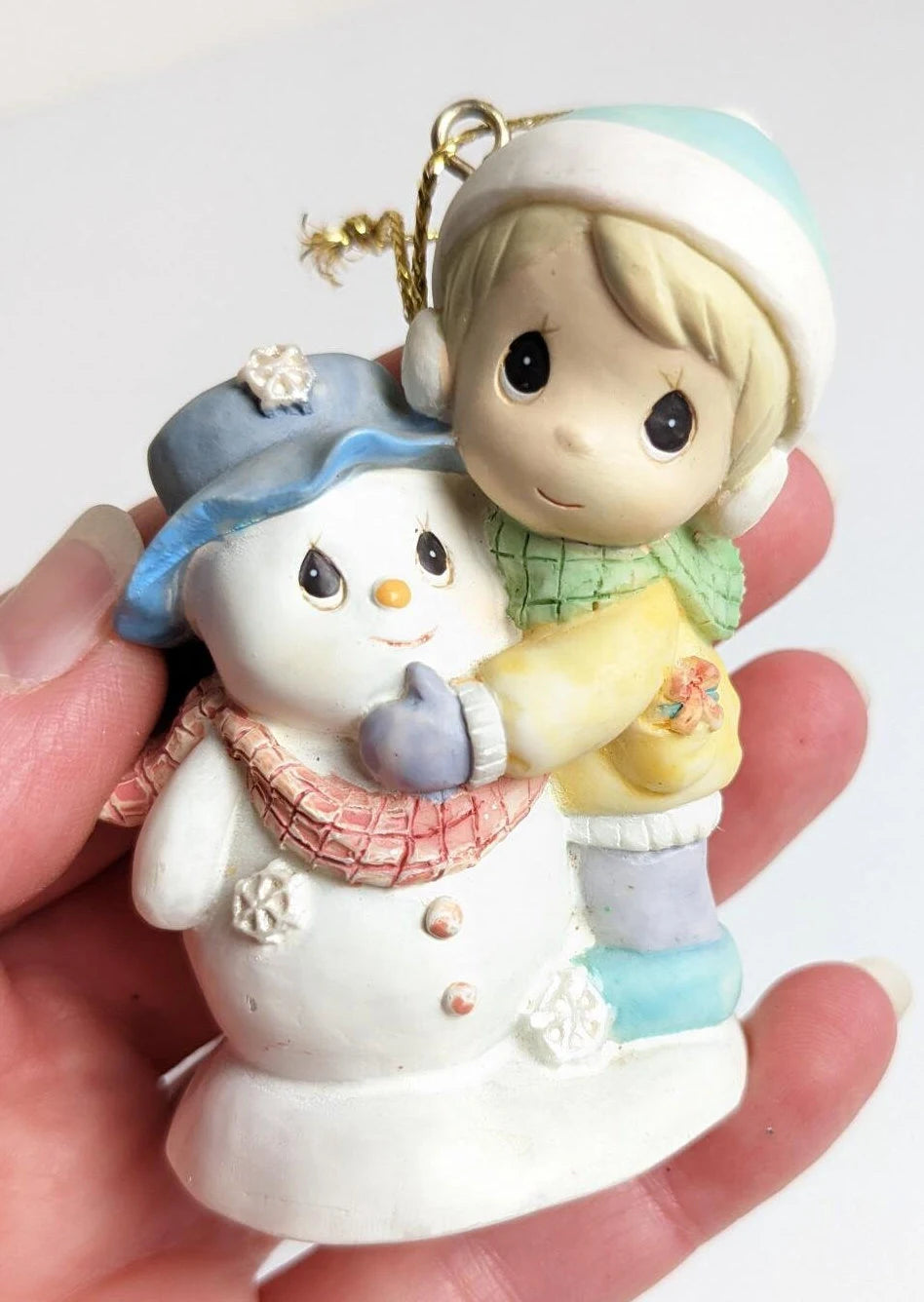 Vintage Precious Moments Girl & Snowman Christmas Ornament