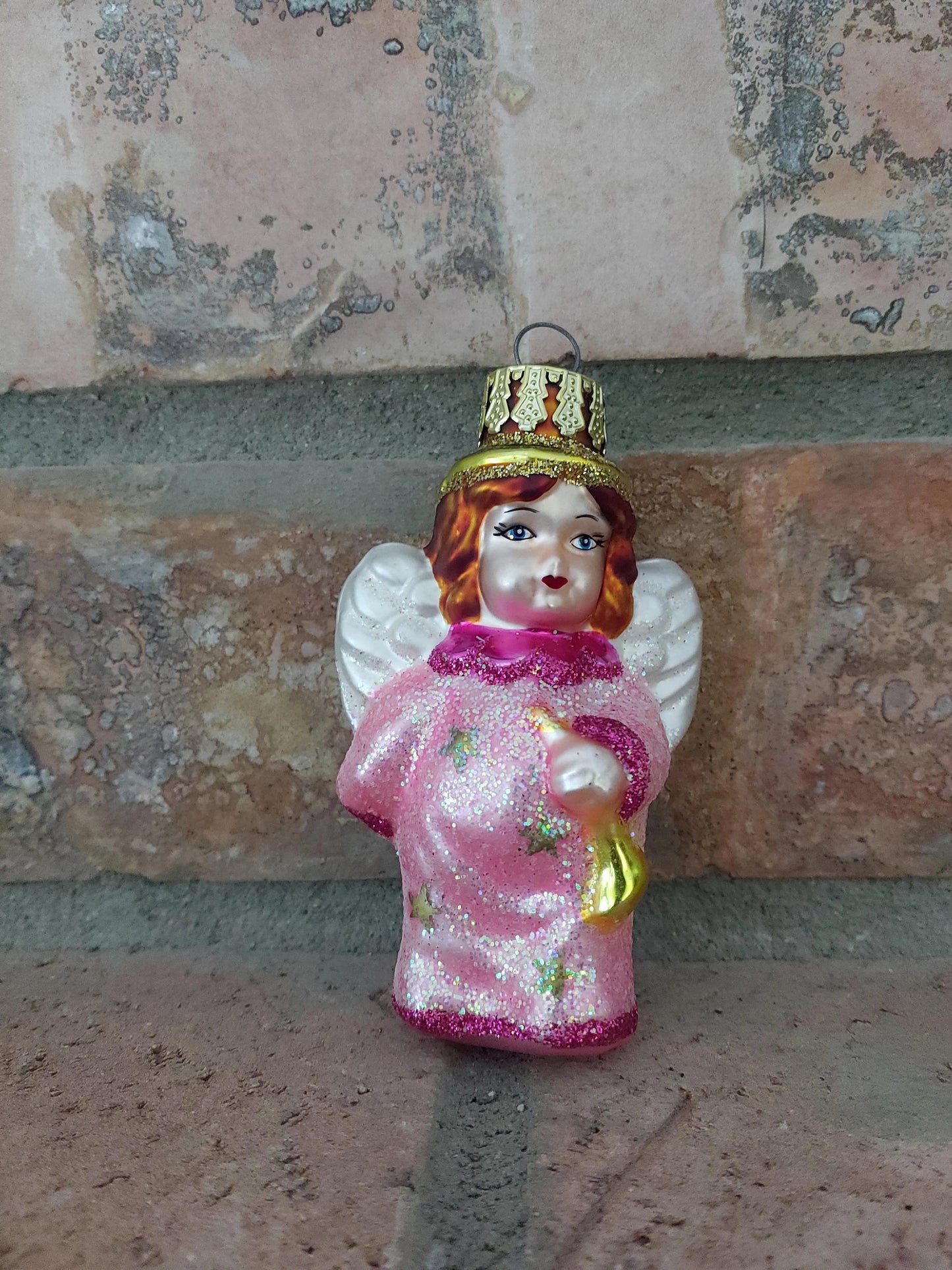 Vintage Pink Glass Angel with Trumpet Christmas Ornament