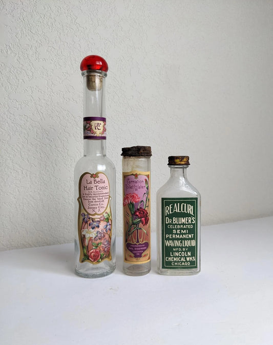 Vintage Antique Style Bottles - Hair Tonic, Toilet Water & Semi Perm Waving Liquid