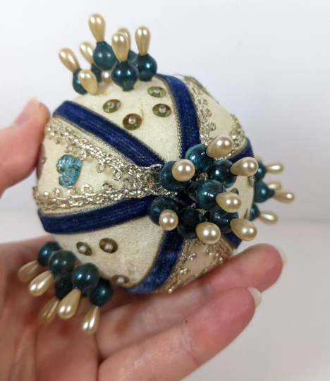 Vintage Blue and White Beaded Pushpin Christmas Ornament