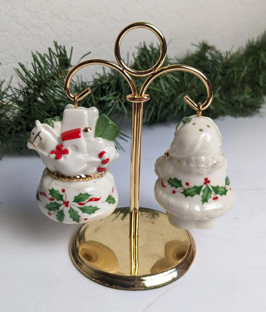 Vintage Lenox Santa and Toys with Holder Salt and Pepper Shakers