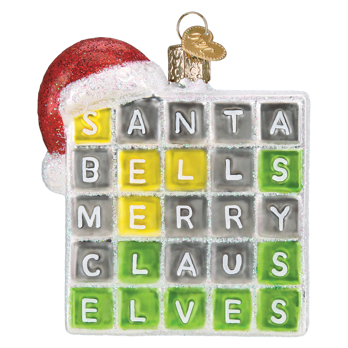 Merry Words Puzzle Word Game Blown Glass Tree Ornament by Old World Christmas