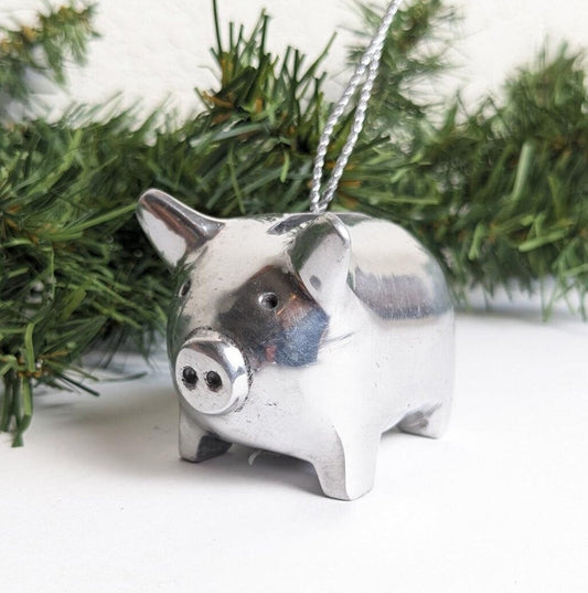 Vintage Silver Cast Aluminum Piggy Bank Ornament