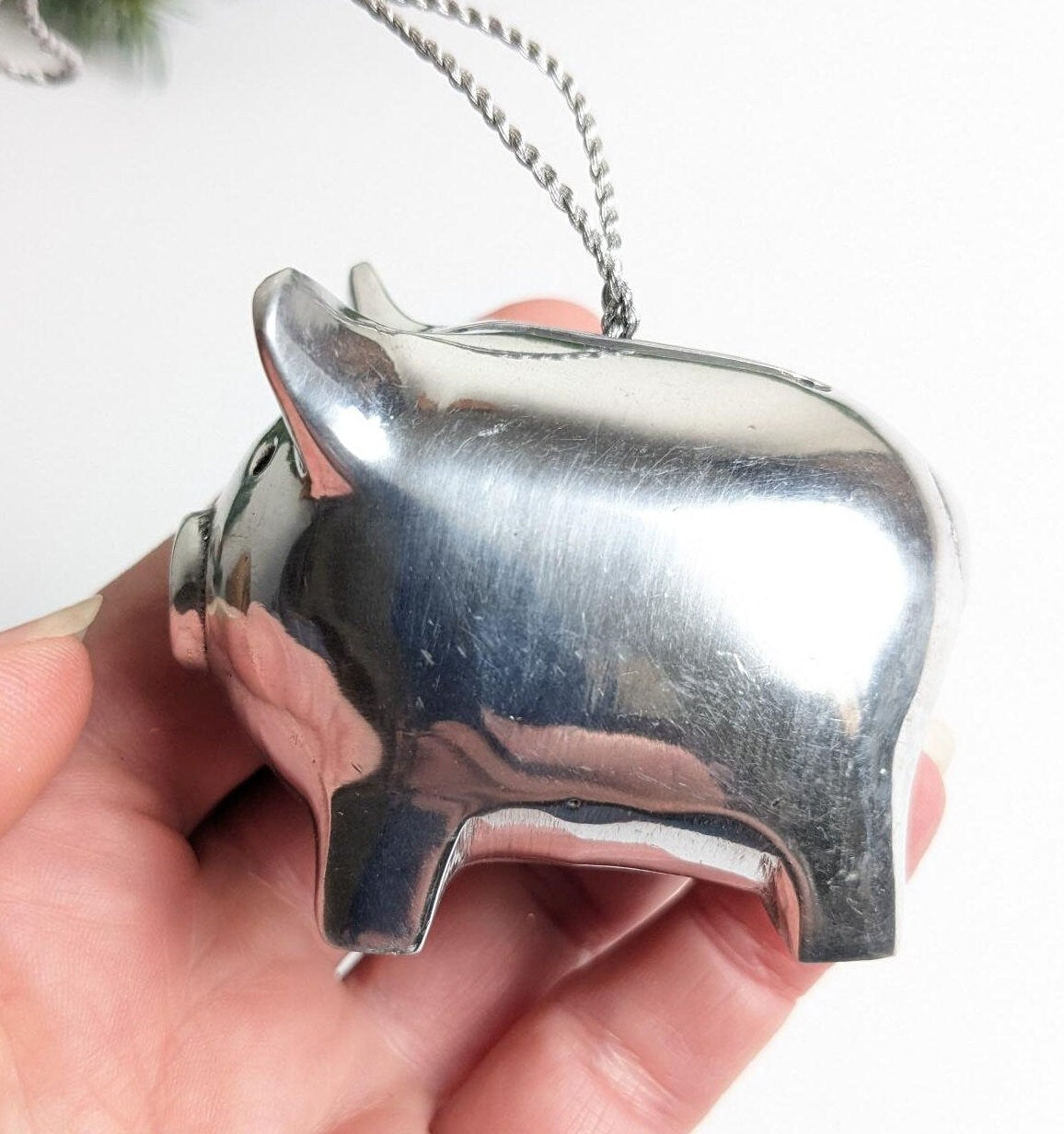 Vintage Silver Cast Aluminum Piggy Bank Ornament