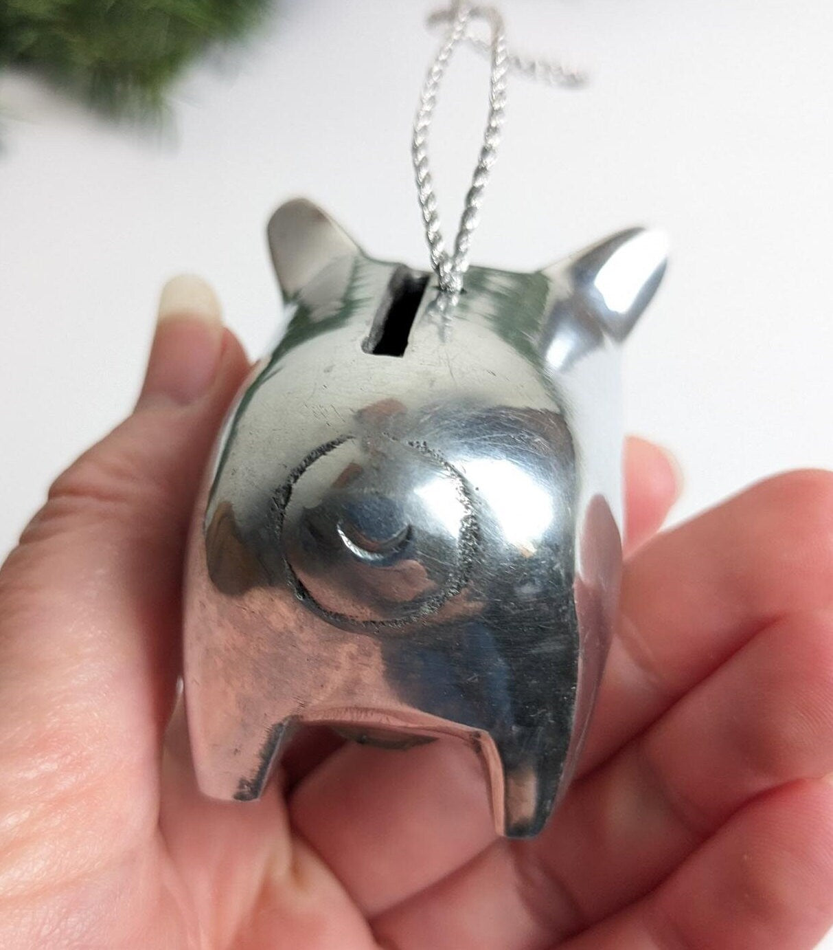 Vintage Silver Cast Aluminum Piggy Bank Ornament