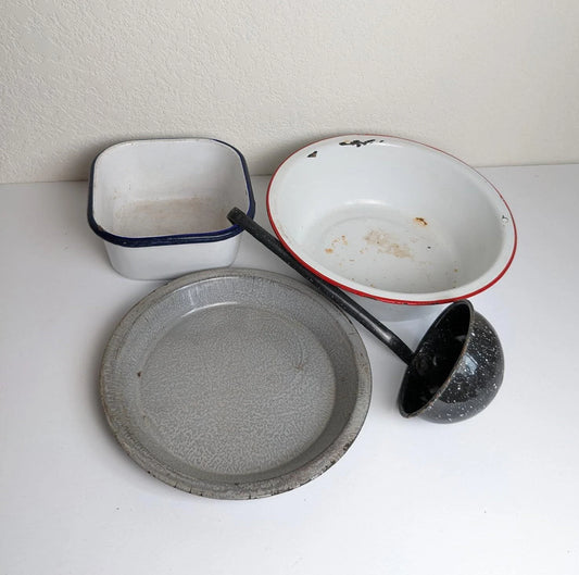 Vintage Kitchen Enamelware Pot, Pan and Accessories