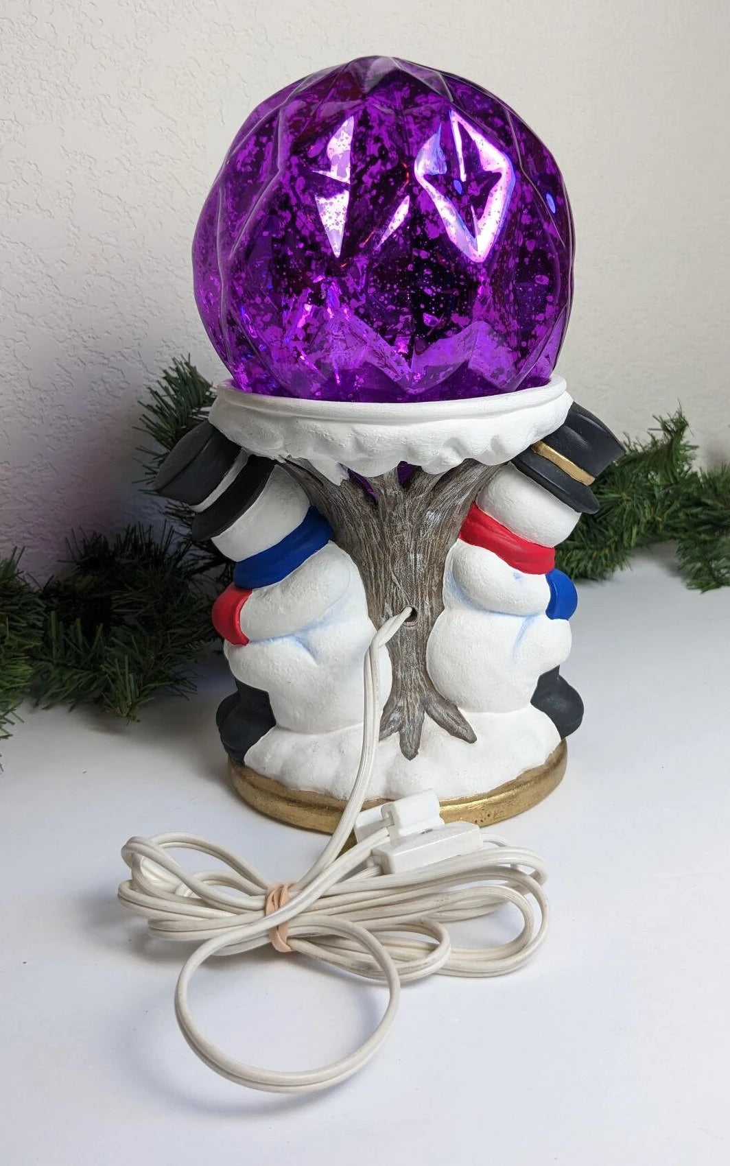 Vintage Hand Painted Ceramic Light Up Snowman with Purple Globe