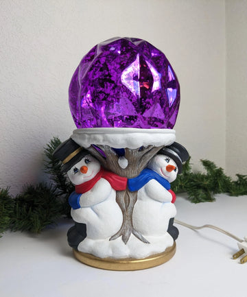 Vintage Hand Painted Ceramic Light Up Snowman with Purple Globe