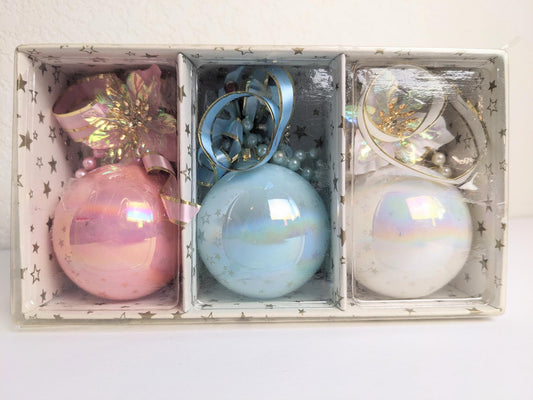 Vintage Floral and Ribbon Iridescent Glass Ball Christmas Tree Ornaments - Set of 3