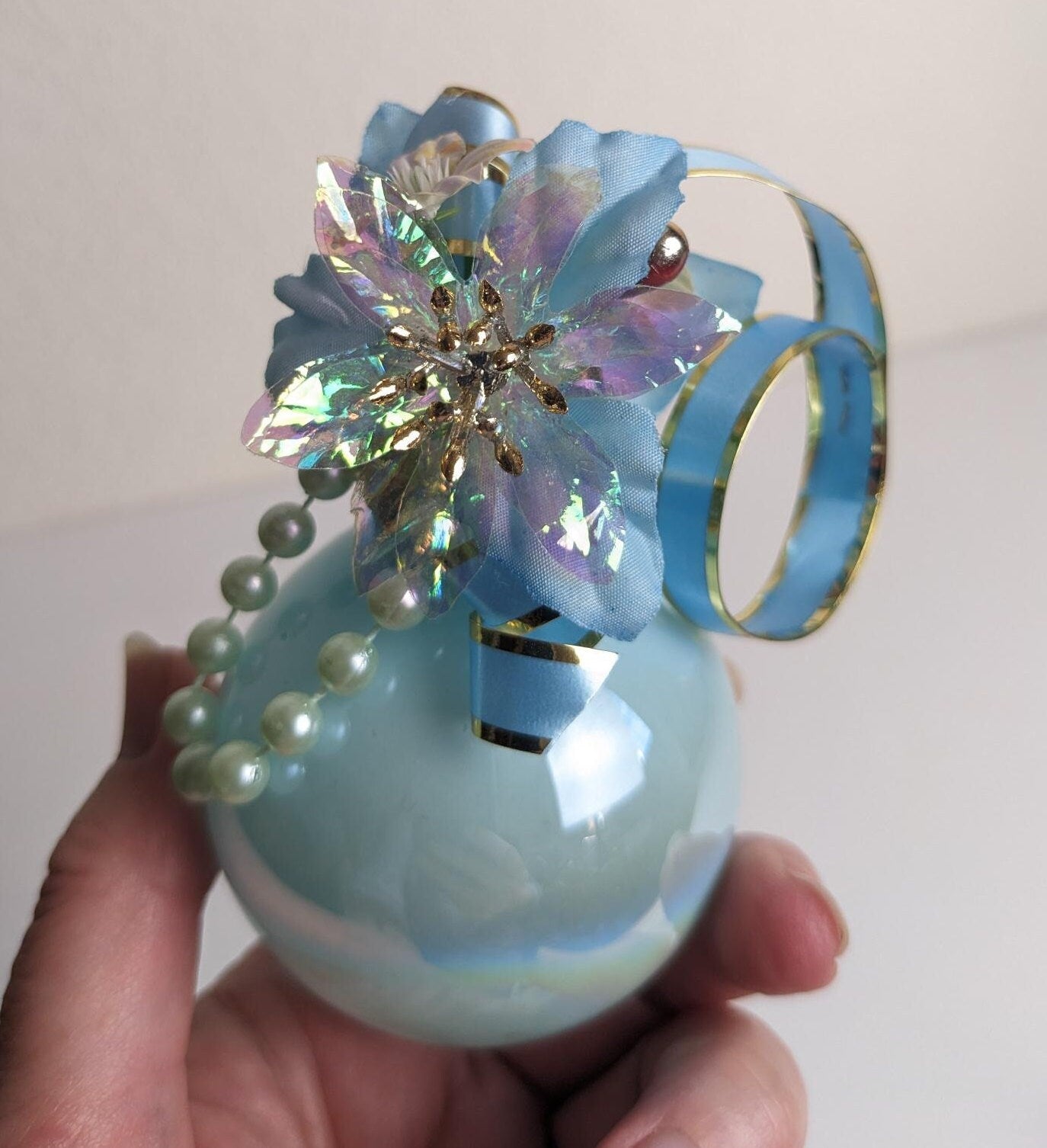 Vintage Floral and Ribbon Iridescent Glass Ball Christmas Tree Ornaments - Set of 3