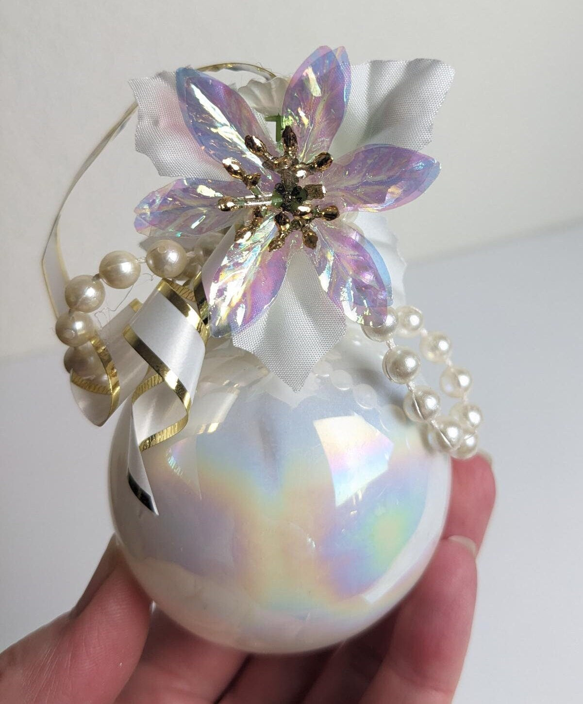 Vintage Floral and Ribbon Iridescent Glass Ball Christmas Tree Ornaments - Set of 3