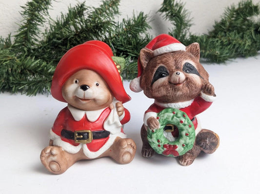 Homco Holiday Bear & Raccoon Christmas Figurines