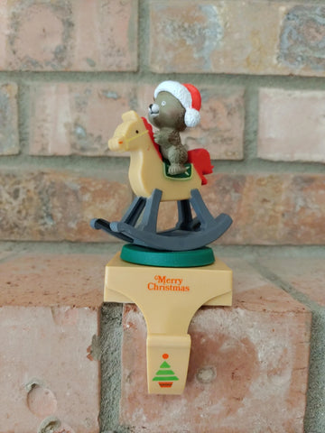 Vintage Merrilite Rotating Musical Gray Santa Bear on a Rocking Horse