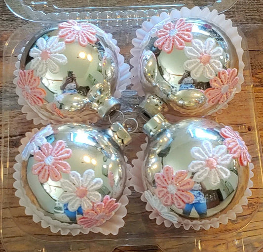 Vintage Boho Christmas Ornaments, Silver, Pink and White Flowers