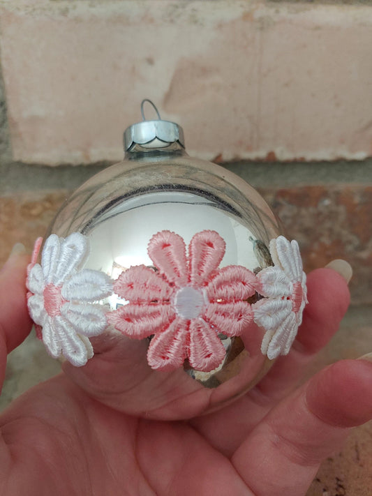 Vintage Boho Christmas Ornaments, Silver, Pink and White Flowers