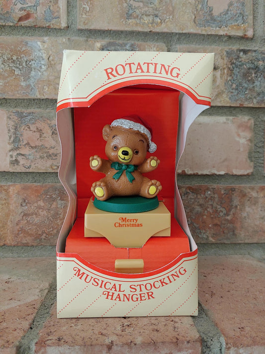 Vintage Merrilite Rotating Musical Brown Santa Bear Stocking Holder