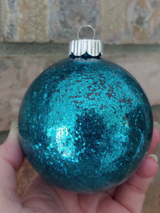 Teal Blue Glitter Glass Ball Christmas Ornaments