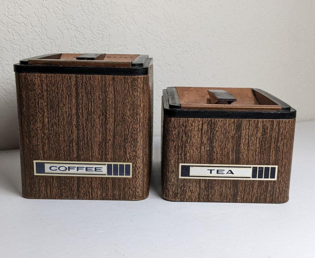 Vintage Kromex Coffee and Tea Wood Grain Kitchen Canisters