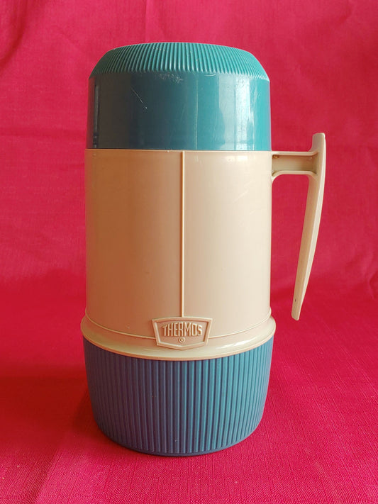 Vintage Retro Aqua & Tan Pint Thermos with Handle