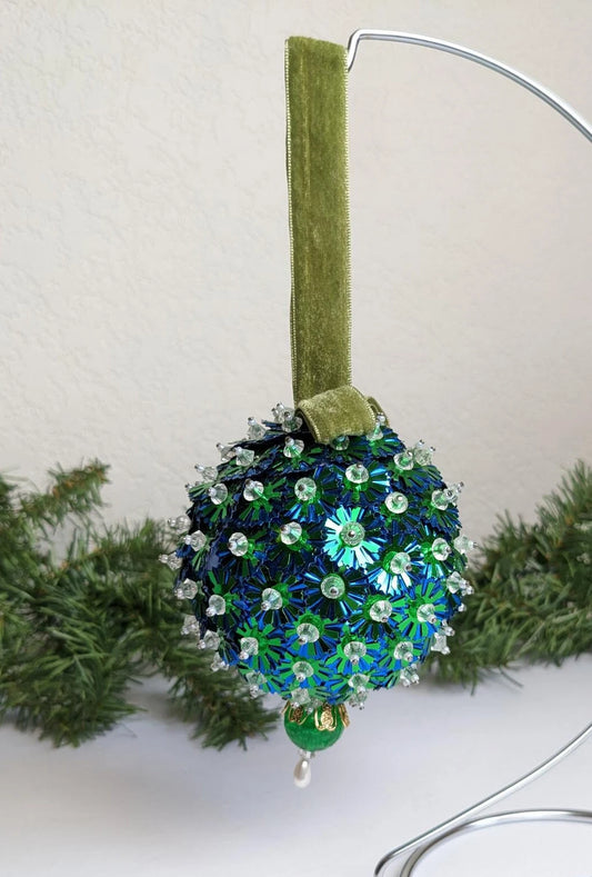 Vintage Blue and Green Beaded Pushpin Christmas Ornament