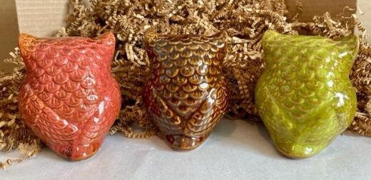 Owl Figurines ceramic Owl Figurine Brown Burnt Orange and Green Owls Gift for Owl Collection Gardener Garden Gifts