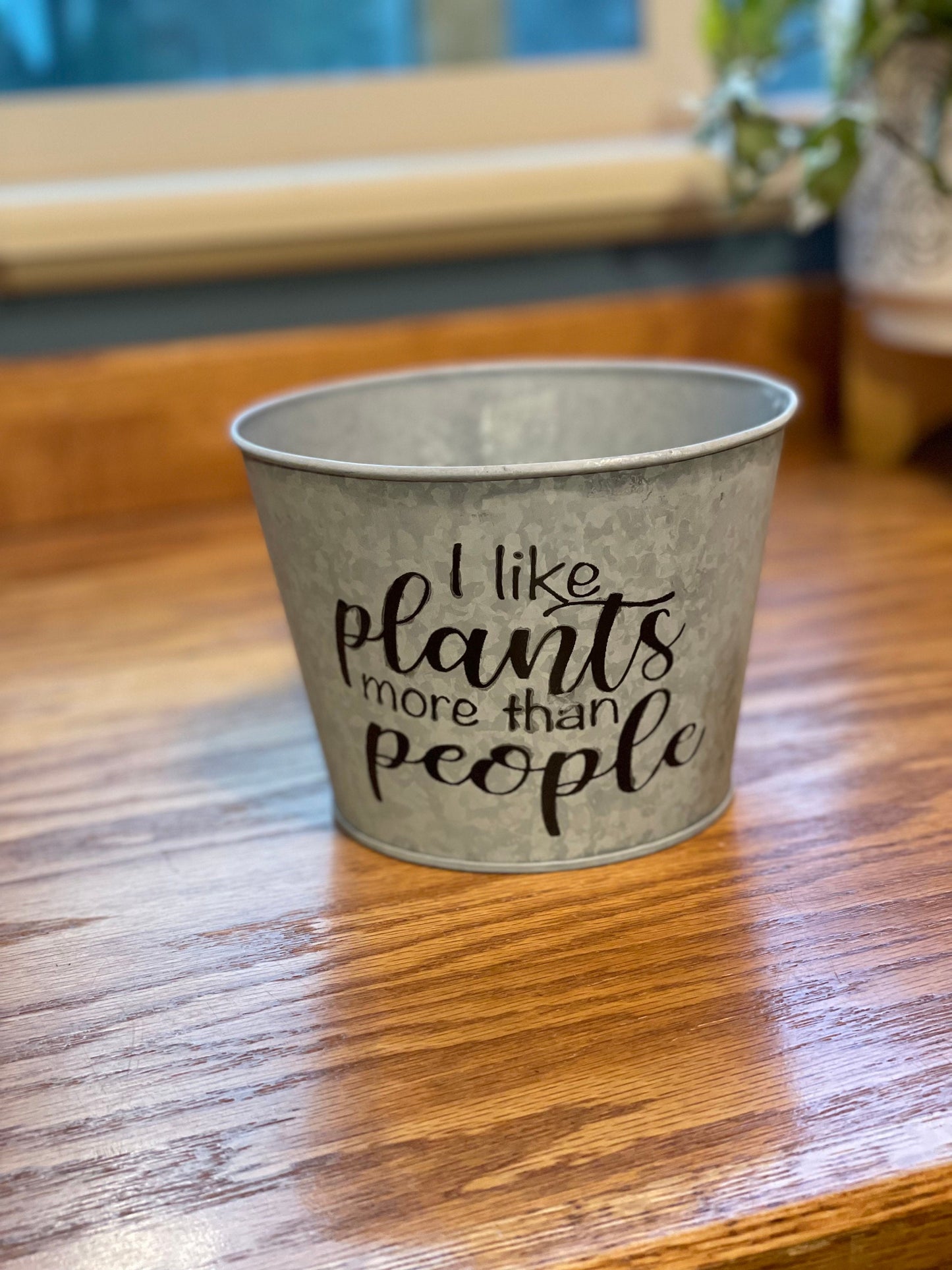 I Like Plants More Than People Stenciled Galvanized Planter