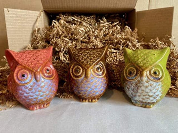 Owl Figurines ceramic Owl Figurine Brown Burnt Orange and Green Owls Gift for Owl Collection Gardener Garden Gifts